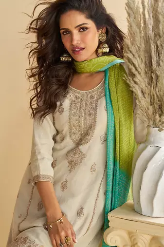 Elegant cream & green pakistani sharara suit with embroidered kurta dupatta
