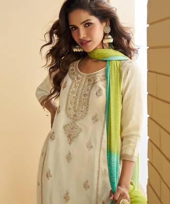 Elegant cream & green pakistani sharara suit with embroidered kurta dupatta 4