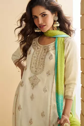 Elegant cream & green pakistani sharara suit with embroidered kurta dupatta