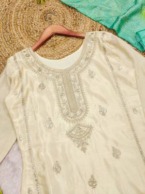 Elegant cream & green pakistani sharara suit with embroidered kurta dupatta 5