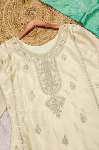 Elegant cream & green pakistani sharara suit with embroidered kurta dupatta