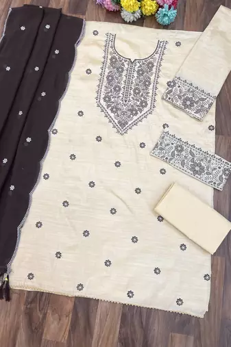 Chickoo embroidered cotton blend salwar suit