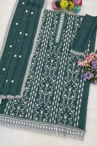 Teal embroidered rangoli crush silk salwar suit