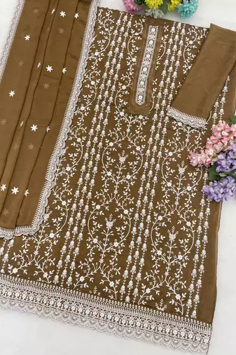 Dark gold embroidered rangoli crush silk salwar suit