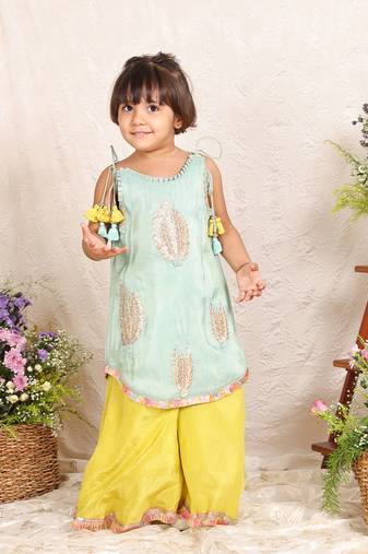 Sea green embroidered silk kurti set