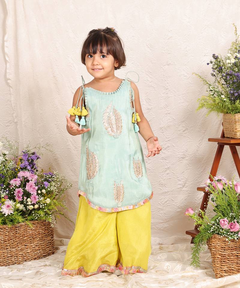 Sea green embroidered silk kurti set