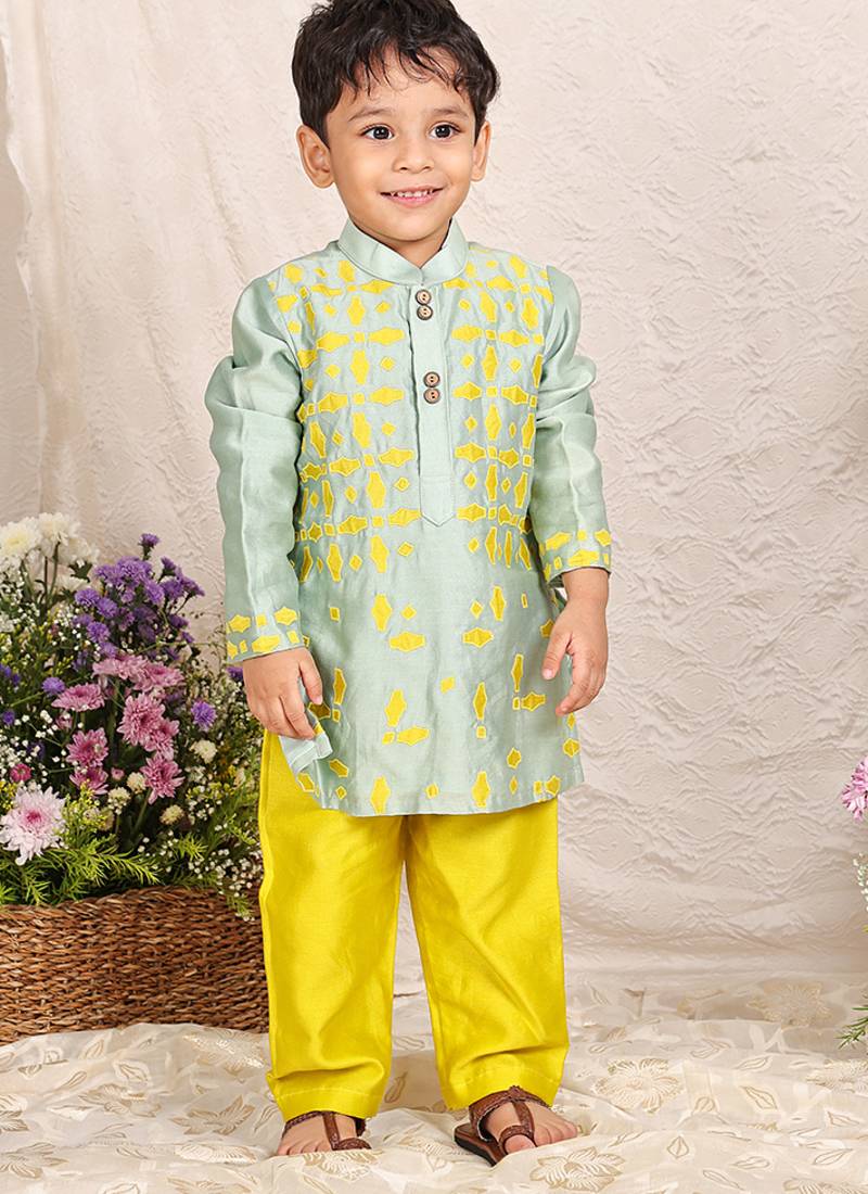 Mint green printed chanderi kurta set