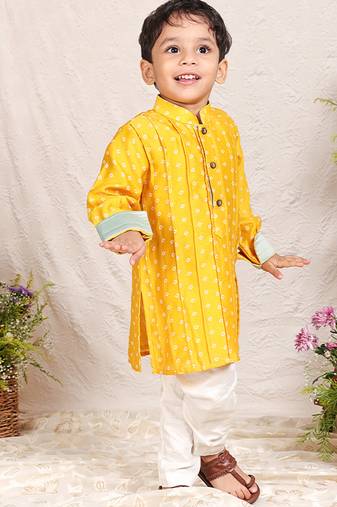 Mustard yellow printed chanderi kurta set