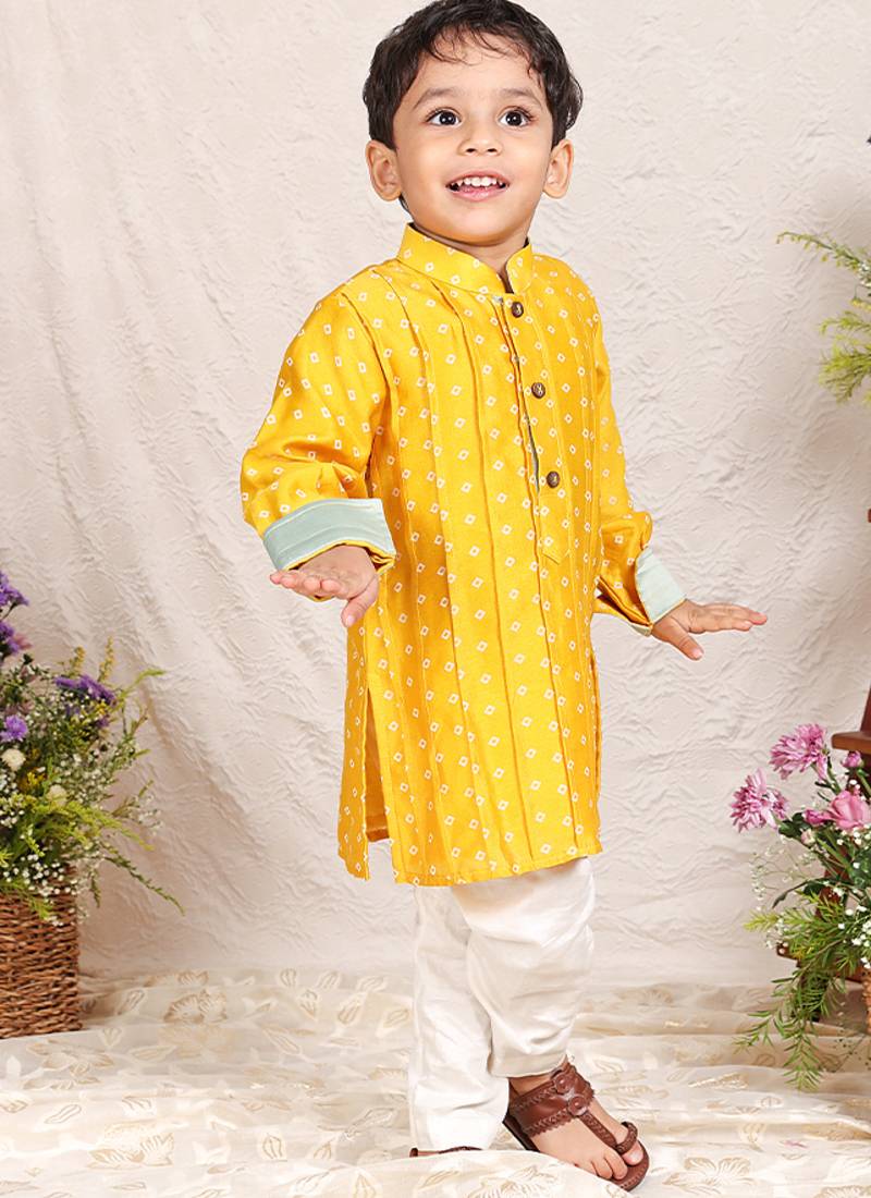 Mustard yellow printed chanderi kurta set