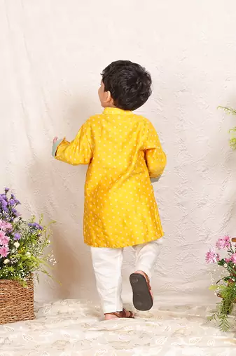 Mustard yellow printed chanderi kurta set