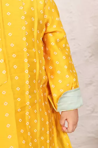 Mustard yellow printed chanderi kurta set