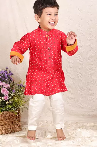Red printed chanderi kurta set