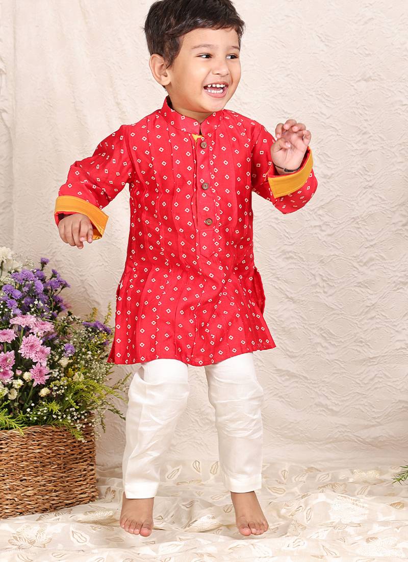 Red printed chanderi kurta set