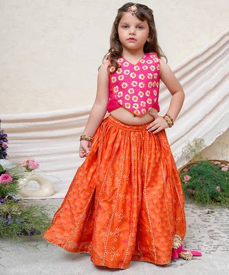 Hot pink orange embroidered chanderi lehenga set 1