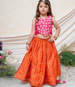 Hot pink orange embroidered chanderi lehenga set