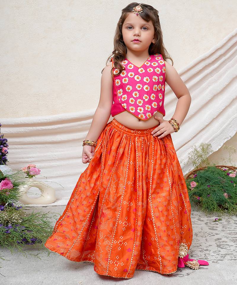 Hot pink orange embroidered chanderi lehenga set