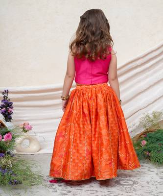 Hot pink orange embroidered chanderi lehenga set 2