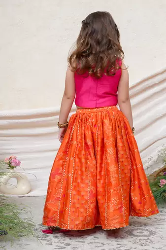 Hot pink orange embroidered chanderi lehenga set