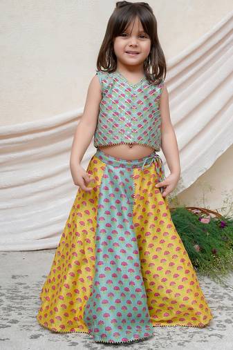 Sea green yellow printed chanderi lehenga set