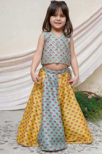 Sea green yellow printed chanderi lehenga set
