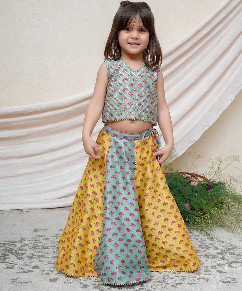 Sea green yellow printed chanderi lehenga set