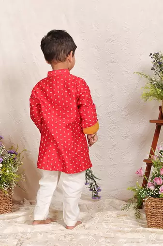 Red printed chanderi kurta set