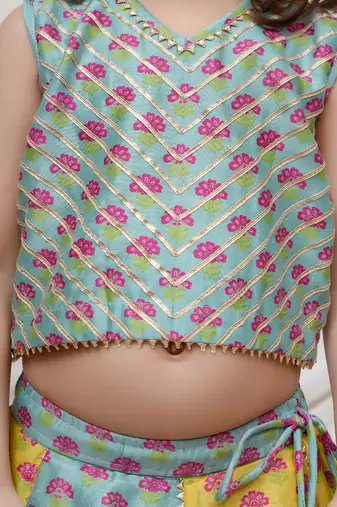 Sea green yellow printed chanderi lehenga set