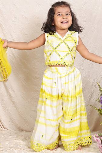 Yellow white embroidered silk sharara set