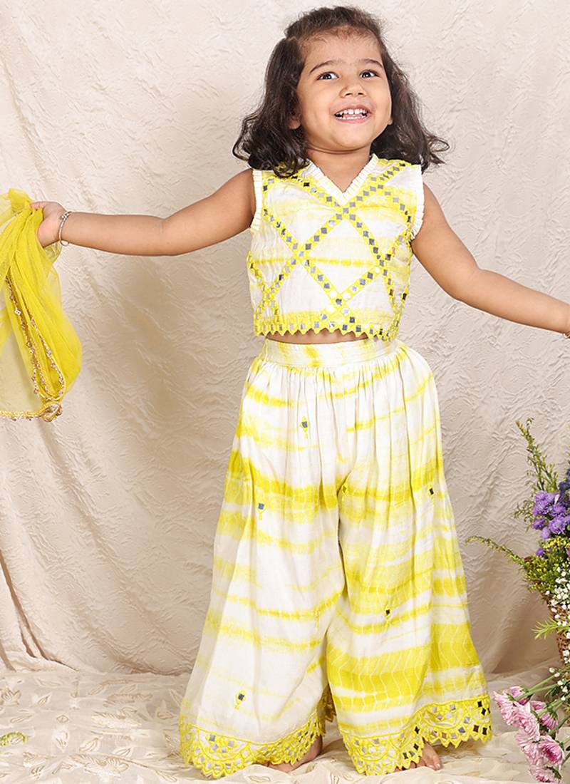 Yellow white embroidered silk sharara set