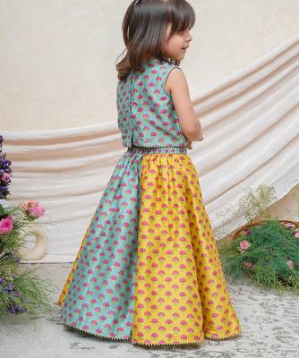 Sea green yellow printed chanderi lehenga set 3