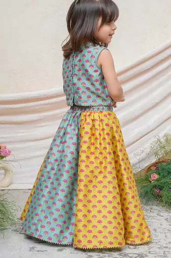 Sea green yellow printed chanderi lehenga set