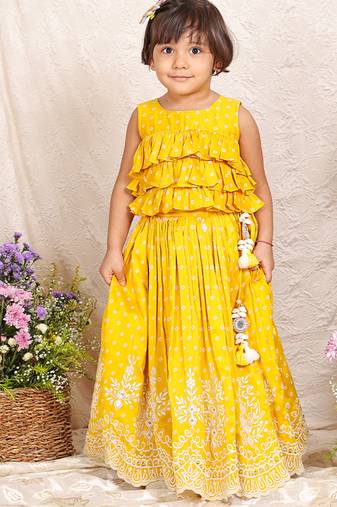 Mustard yellow embroidered chanderi lehenga set