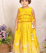 Mustard yellow embroidered chanderi lehenga set
