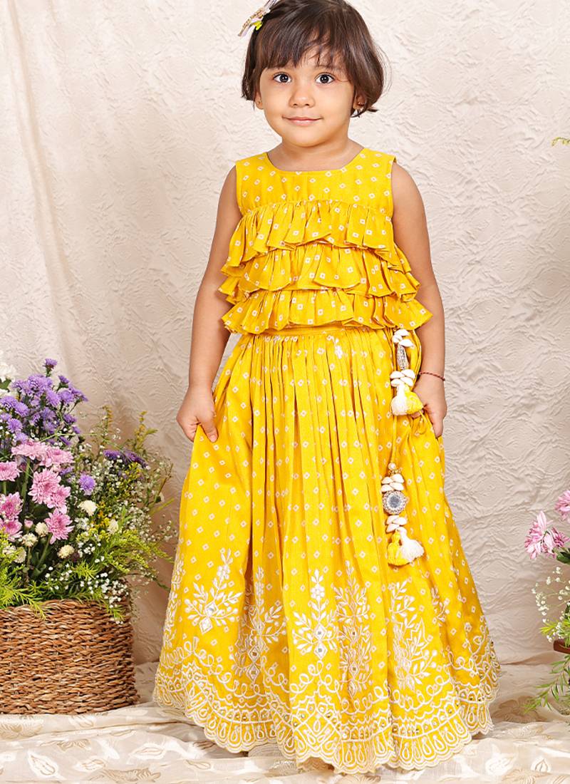 Mustard yellow embroidered chanderi lehenga set