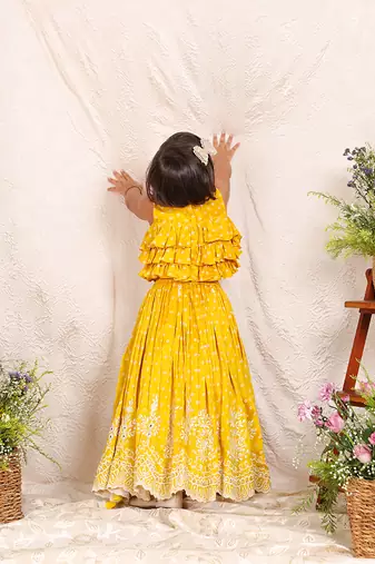 Mustard yellow embroidered chanderi lehenga set