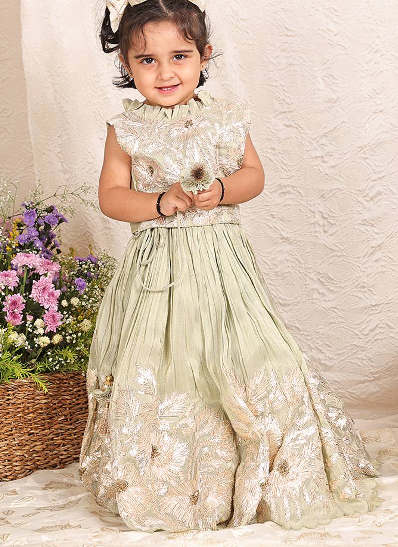 Pastel green embroidered banarasi silk lehenga set