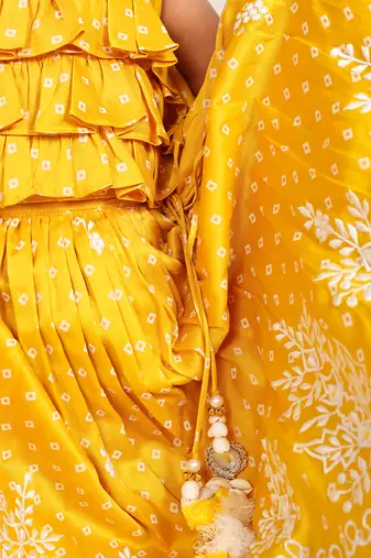 Mustard yellow embroidered chanderi lehenga set