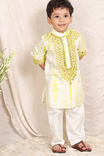 Yellow white embroidered silk kurta set