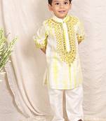 Yellow white embroidered silk kurta set