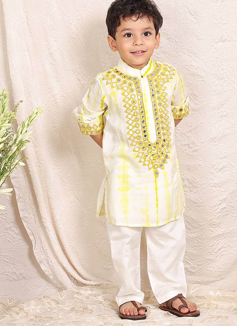Yellow white embroidered silk kurta set