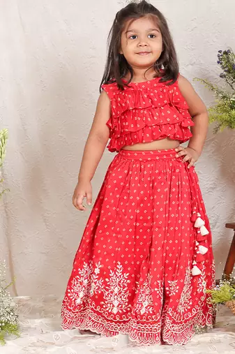 Red printed chanderi lehenga set