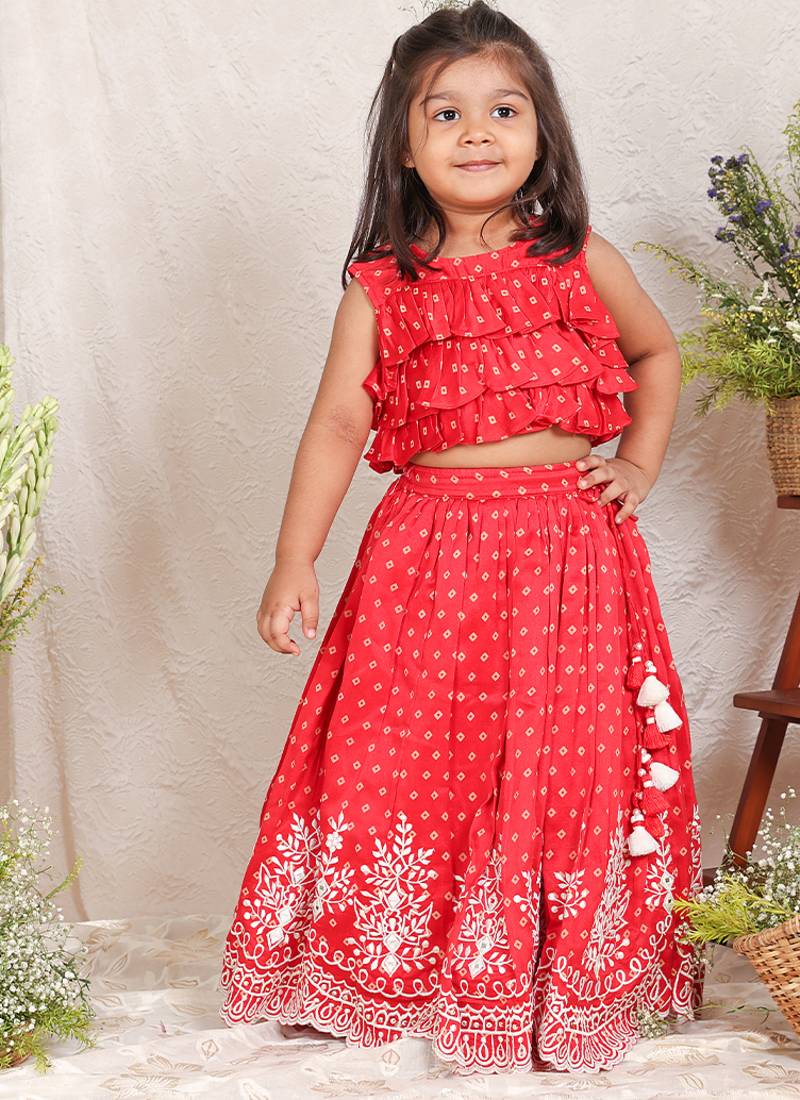 Red printed chanderi lehenga set