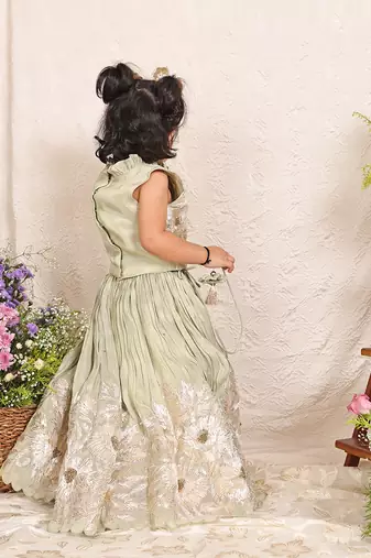Pastel green embroidered banarasi silk lehenga set
