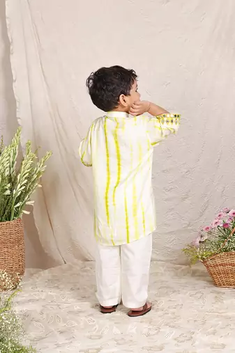 Yellow white embroidered silk kurta set