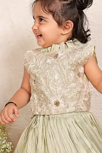 Pastel green embroidered banarasi silk lehenga set