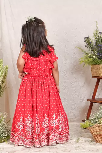 Red printed chanderi lehenga set