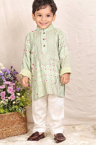 Pista green embroidered silk kurta set