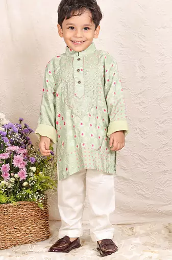 Pista green embroidered silk kurta set