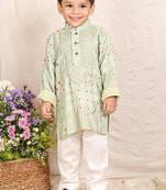 Pista green embroidered silk kurta set