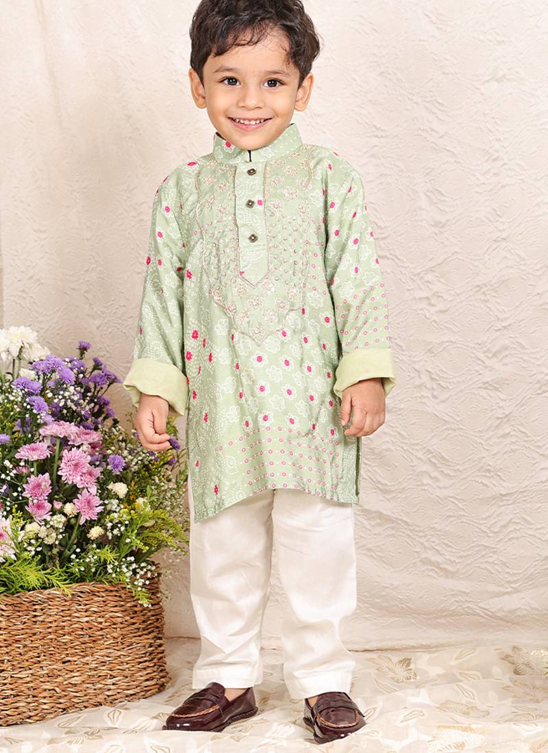Pista green embroidered silk kurta set